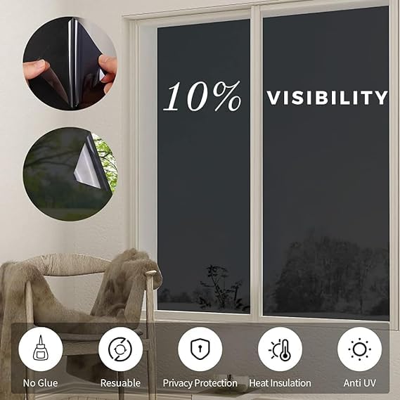 DINOVIN | Black Window FILM-10% VLT | Heat Control | Self-Adhesive Sheets for Homes and Offices | Privacy Protection | Anti UV Protective Cover & Shading | Mirror Effect