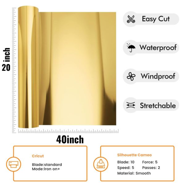 DINOVIN | GOLD FOIL | HTV Vinyl Rolls Heat Transfer Vinyl | GOLD FOIL HTV Vinyl PU for Shirts | Iron on Vinyl for Cricut & Cameo - Easy to Cut & Weed for Heat Vinyl Design