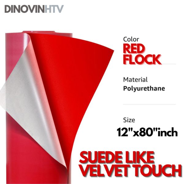 DINOVIN | Red Flock HTV Vinyl Rolls | Heat Transfer Vinyl |  Suede-Like Velvet Touch | HTV PU for Shirts, Iron on Vinyl for Cricut & Cameo | Easy to Cut & Weed for Heat Vinyl Design