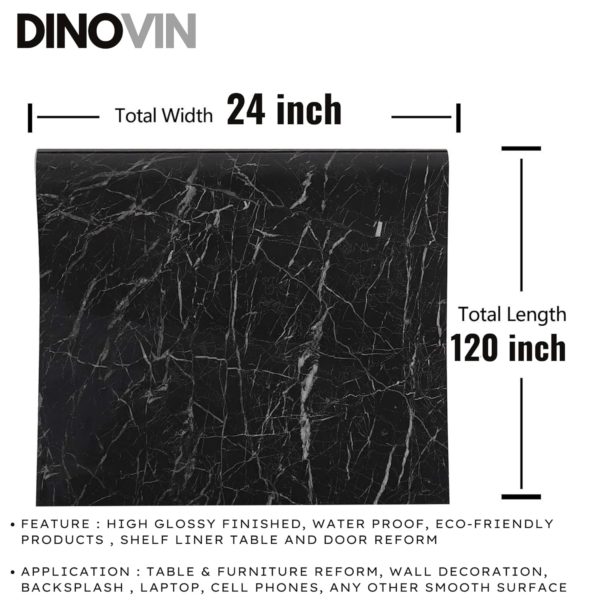 DINOVIN | Self-Adhesive Decorative PVC Wallpaper | Waterproof, Scratch-Resistant, Smooth Surface & Easy to Apply | Furniture & Walls | Interior Home Decor | Black Marble Texture |