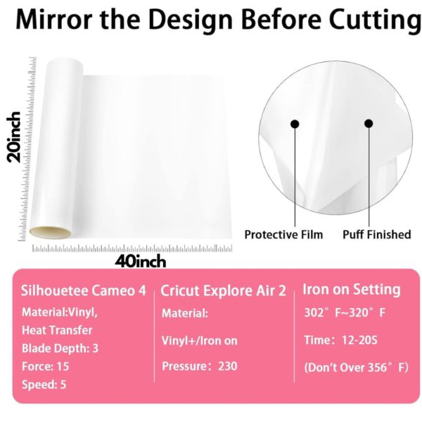 DINOVIN | White Puff HTV Vinyl Rolls | Heat Transfer Vinyl | DIY HTV Vinyl PU for Shirts | Iron on Vinyl for Cameo | Easy to Cut & Weed for Heat Vinyl Design