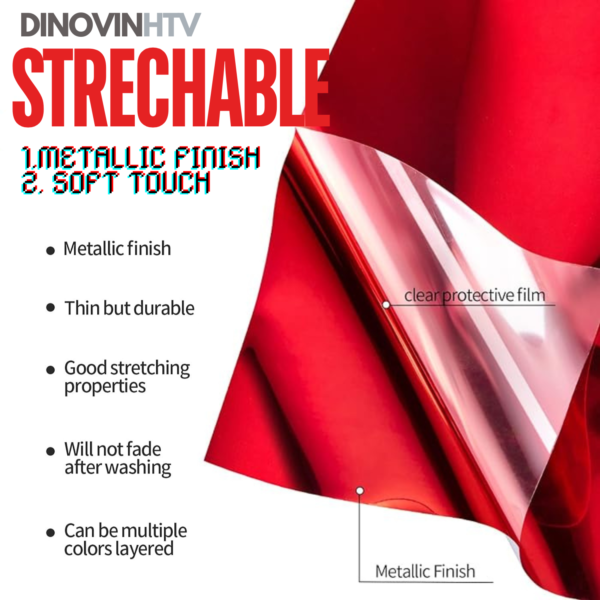 DINOVIN | RED FOIL | HTV Vinyl Rolls | Heat Transfer Vinyl | PU for Shirts | Metallic Finish | Soft Touch | Stretchable | Iron on Vinyl for Cricut & Cameo | Easy to Cut & Weed