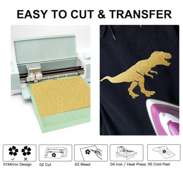 DINOVIN | Golden Glitter HTV Vinyl Rolls Heat Transfer Vinyl | HTV Vinyl PU for Shirts, Iron on Vinyl for Cricut & Cameo - Easy to Cut & Weed for Heat Vinyl Design